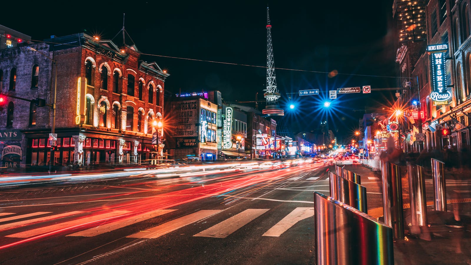 Night city street with light trails